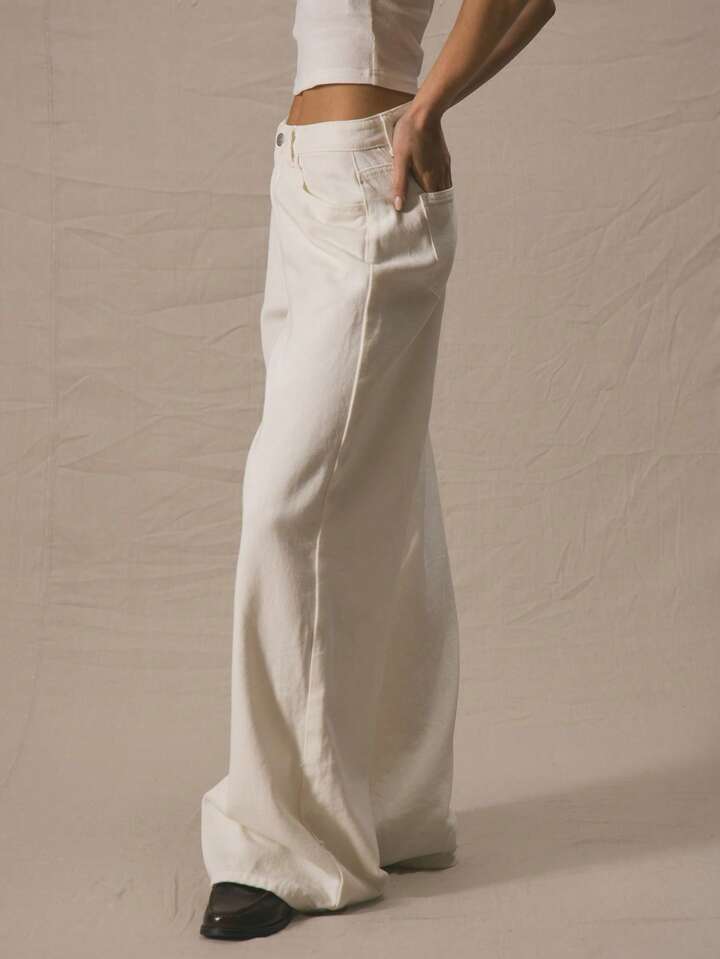 CM-BS468966 Women Casual Seoul Style Mid Rise Wide Leg Denim Jeans - White