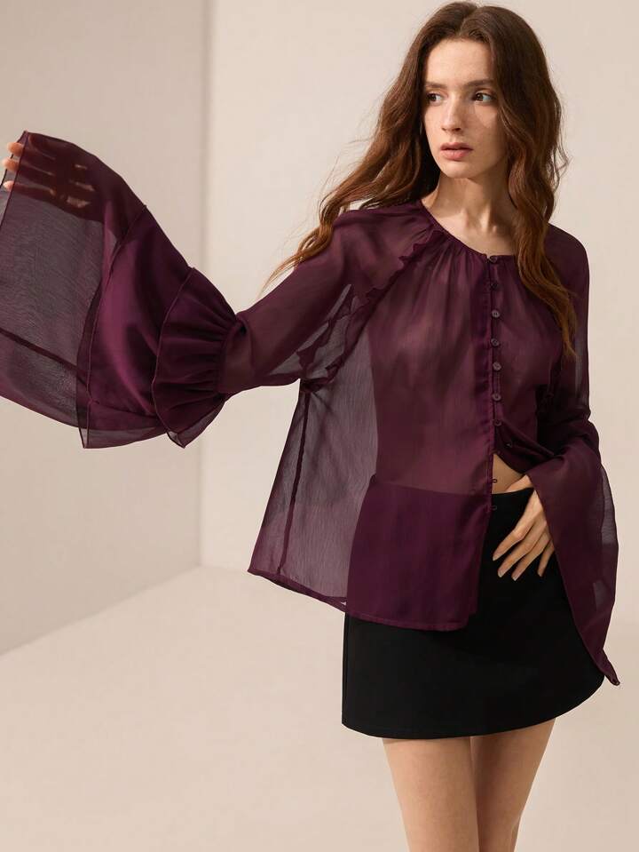 CM-TS850216 Women Elegant Seoul Style Chiffon Crinkle Round Neck Button Front Layered Ruffled Long Sleeve Blouse