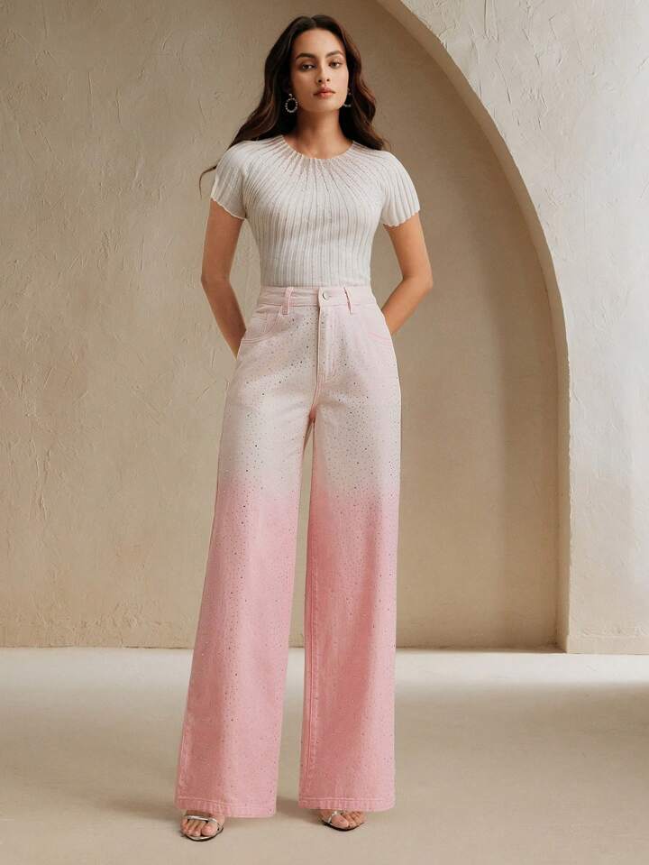 CM-BS570000 Women Casual Seoul Style Heavy Bling Decor Loose Wide Leg Jeans - Pink
