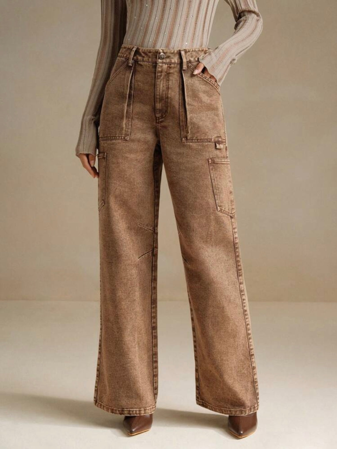 CM-BS336480 Women Casual Seoul Style Pocket Relaxed Straight Leg Denim Jeans - Brown