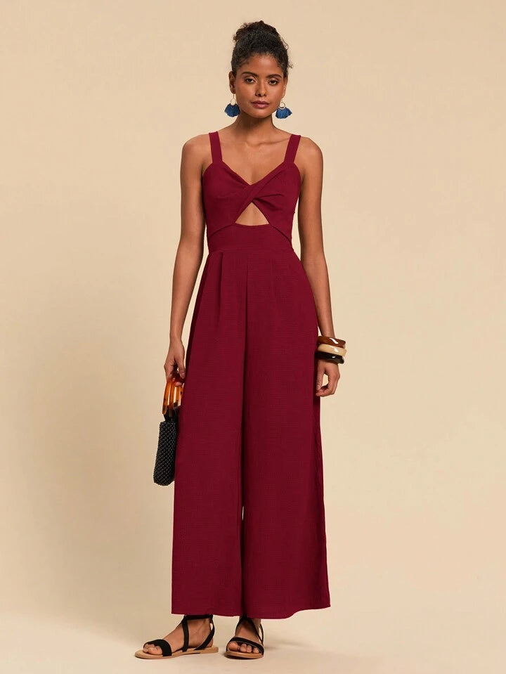 CM-JS725575 Women Trendy Bohemian Style Twist Front Cutout Cami Jumpsuit - Burgundy