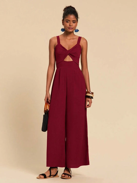 CM-JS725575 Women Trendy Bohemian Style Twist Front Cutout Cami Jumpsuit - Burgundy