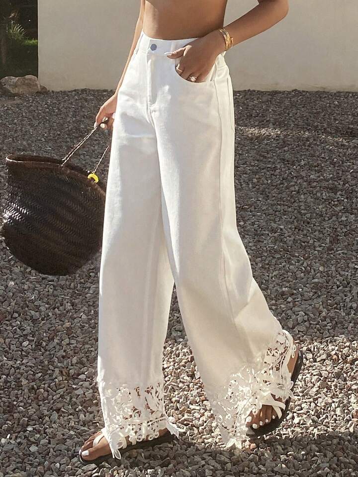 CM-BS987069 Women Casual Seoul Style Mid Waist Solid Color Lace Patchwork Wide-Leg Jeans - White