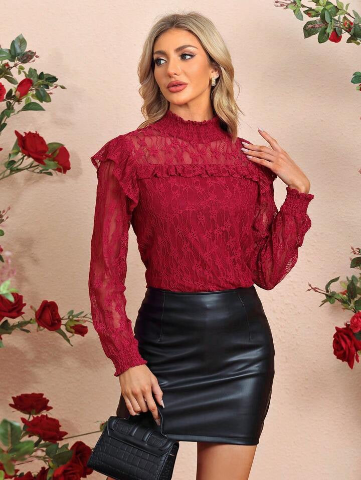 CM-TS961741 Women Elegant Seoul Style Lace Stand Collar Long Sleeve Shirt - Red