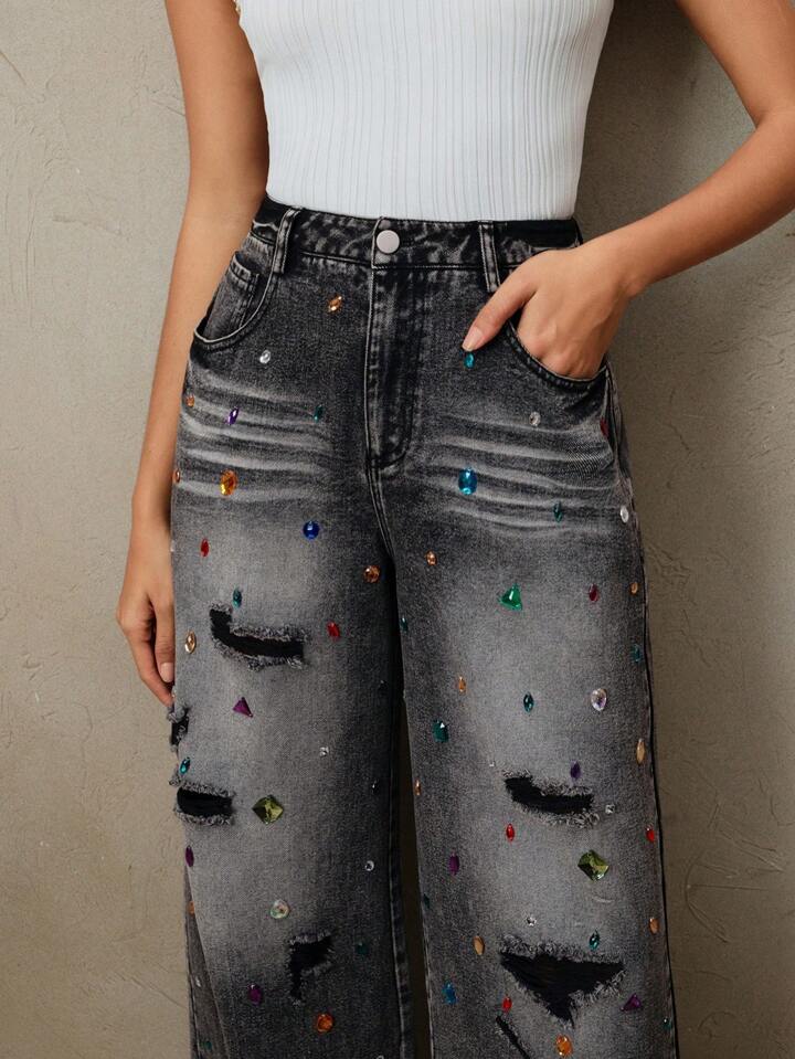 CM-BS569374 Women Elegant Seoul Style Distressed Colored Rhinestone Embellished Jeans - Black