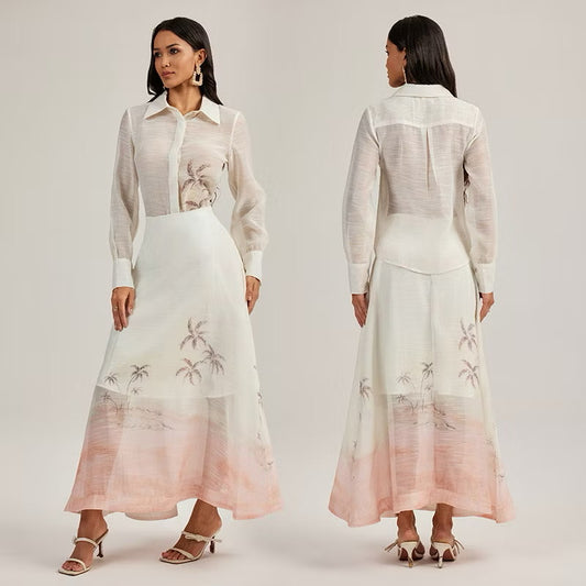 CM-SY044425 Women Elegant European Style Collar Neckline Long Sleeve Blouse With Long Skirt - Set