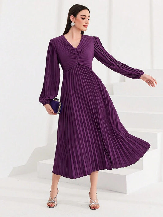 CM-DS825481 Women Elegant Seoul Style V-Neck Pleated Lantern Sleeve Dress - Purple