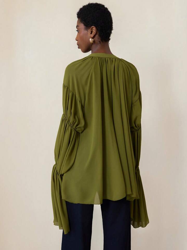 CM-TS564058 Women Elegant Seoul Style V-Neck Ruffle Trim Extra Long Sleeve Oversized Blouse
