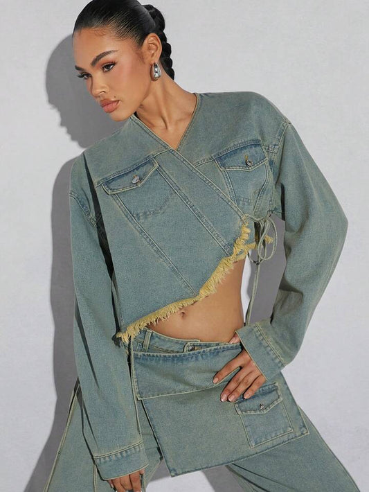 CM-CS074553 Women Casual Seoul Style Light Wash Asymmetrical Hem Frayed Denim Top