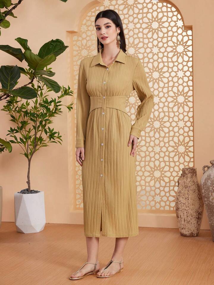 CM-DS174744 Women Elegant Seoul Style Shirt Collar Front Button Up Pleated Dress - Khaki