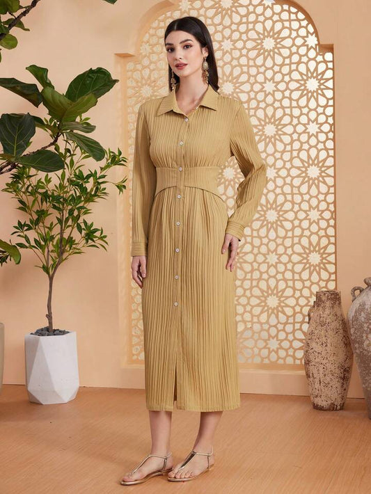 CM-DS174744 Women Elegant Seoul Style Shirt Collar Front Button Up Pleated Dress - Khaki