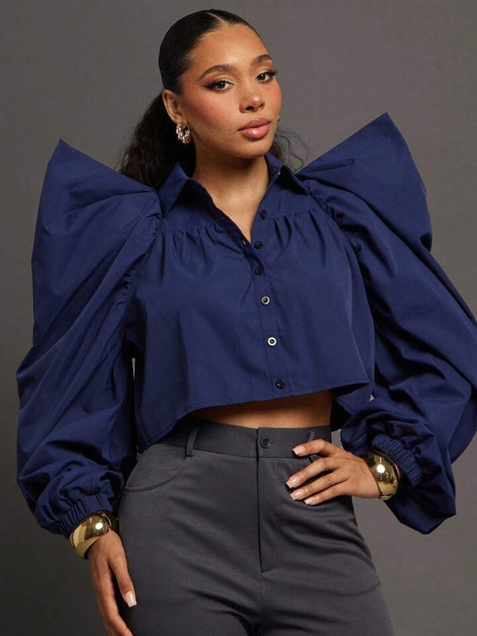 CM-TS350790 Women Elegant Seoul Style Exaggerated Puff Long Sleeve Collar Button Up Top - Royal Blue