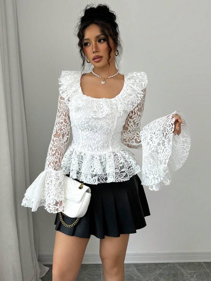 CM-TS158537 Women Elegant Seoul Style Square Neck Ruffled Floral Lace Flare Sleeve Blouse - White