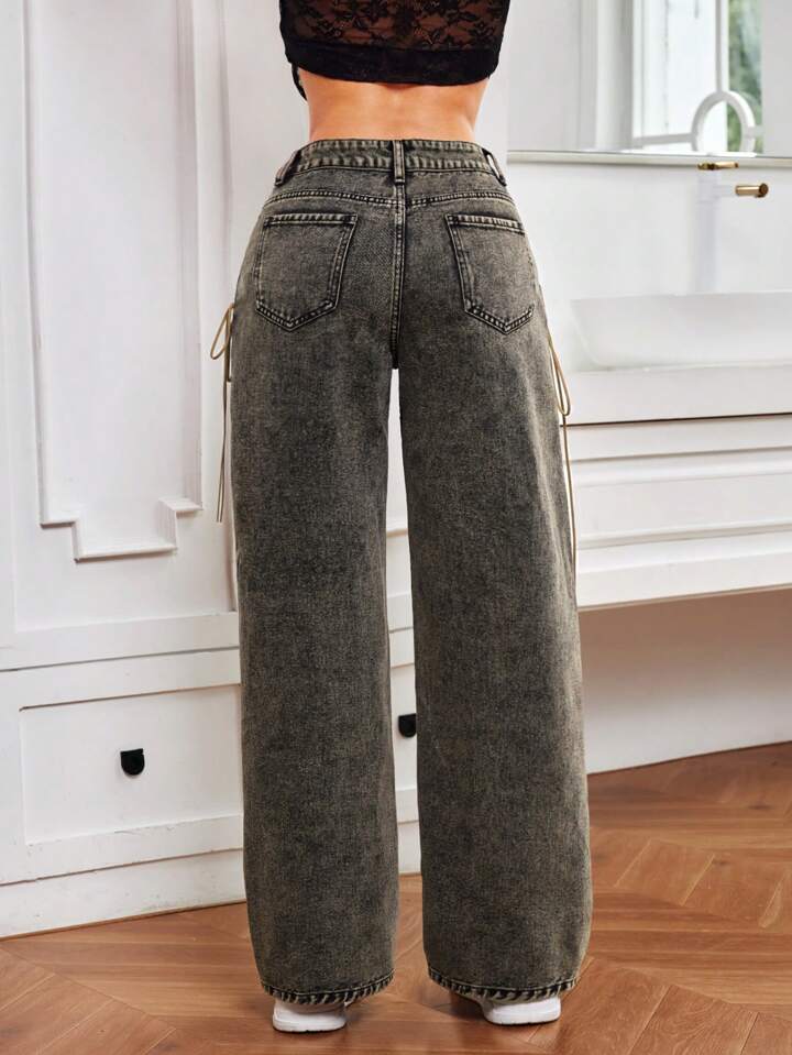 CM-BS548188 Women Casual Seoul Style Hollow Out Solid Color Wide Leg Jeans With Pockets - Black