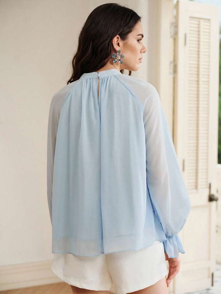 CM-TS611176 Women Elegant Seoul Style Stand Collar Multi-Layer Ruffle Flowy Long Sleeve Sheer Blouse - Blue