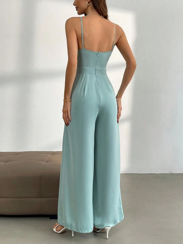 CM-JS227971 Women Elegant Seoul Style V-Neck Spaghetti Straps High Waist Jumpsuit - Mint Green