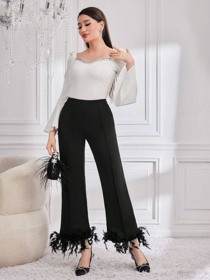 CM-BS368716 Women Elegant Seoul Style High Waist Feather Hem Flare Pants - Black