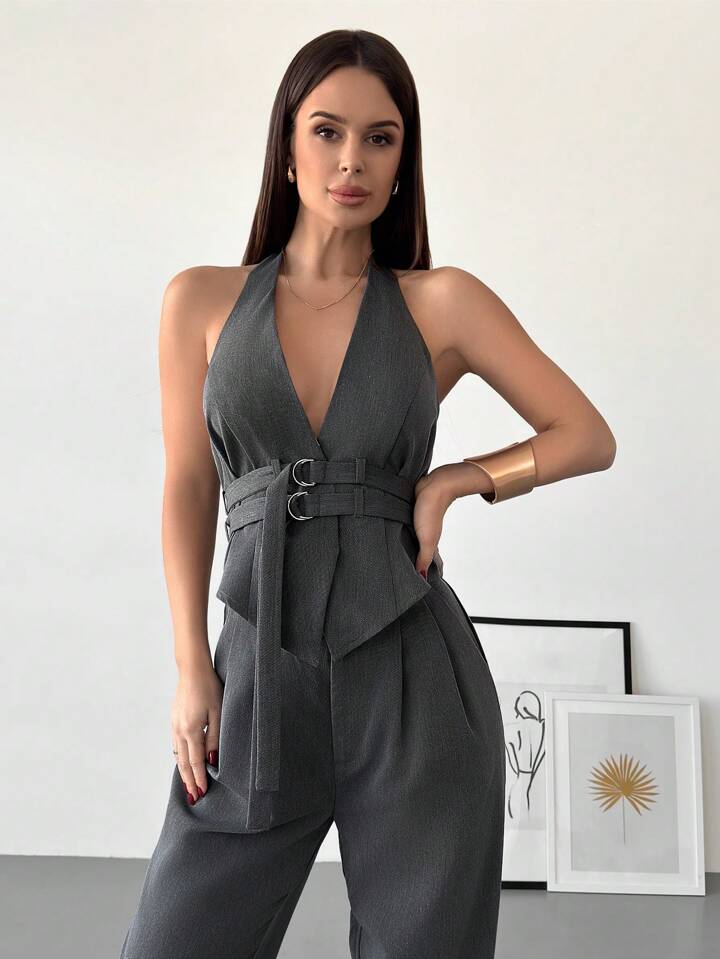 CM-SS112354 Women Elegant Seoul Style Halter Deep V Wrap Metal Buckle Open Back Skinny Camisole With Long Skirt - Set
