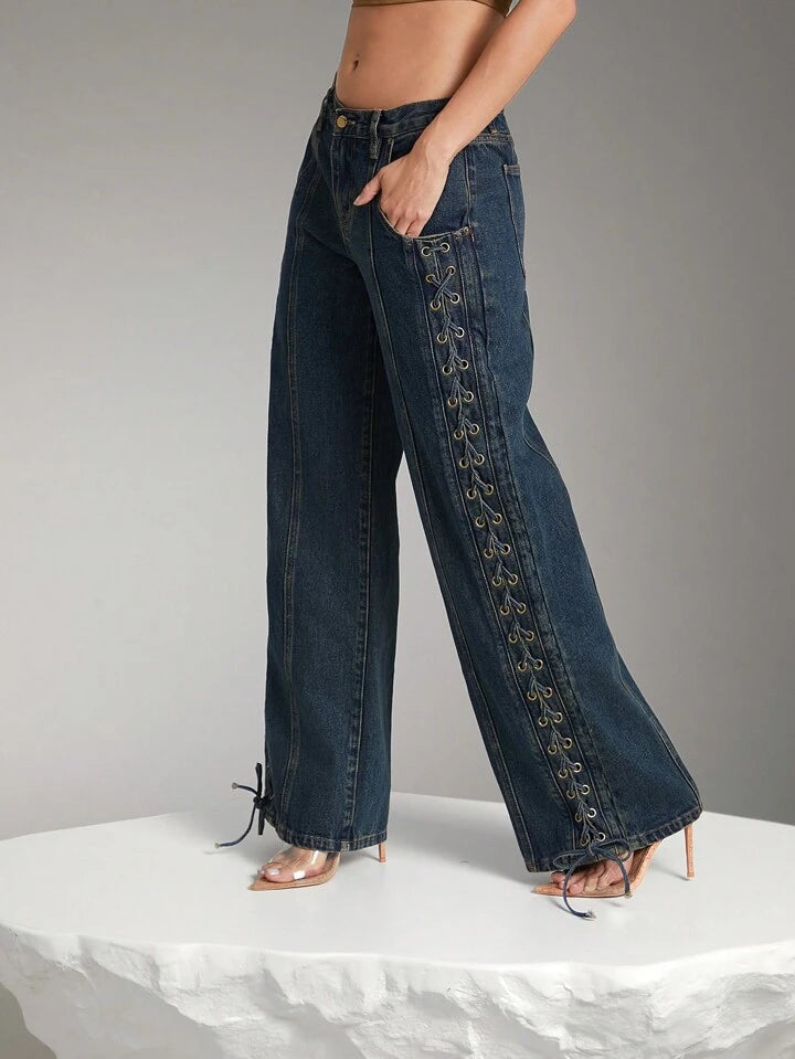 CM-BS613959 Women Casual Seoul Style Lace Up Exttra Long Wide Leg Denim Jeans