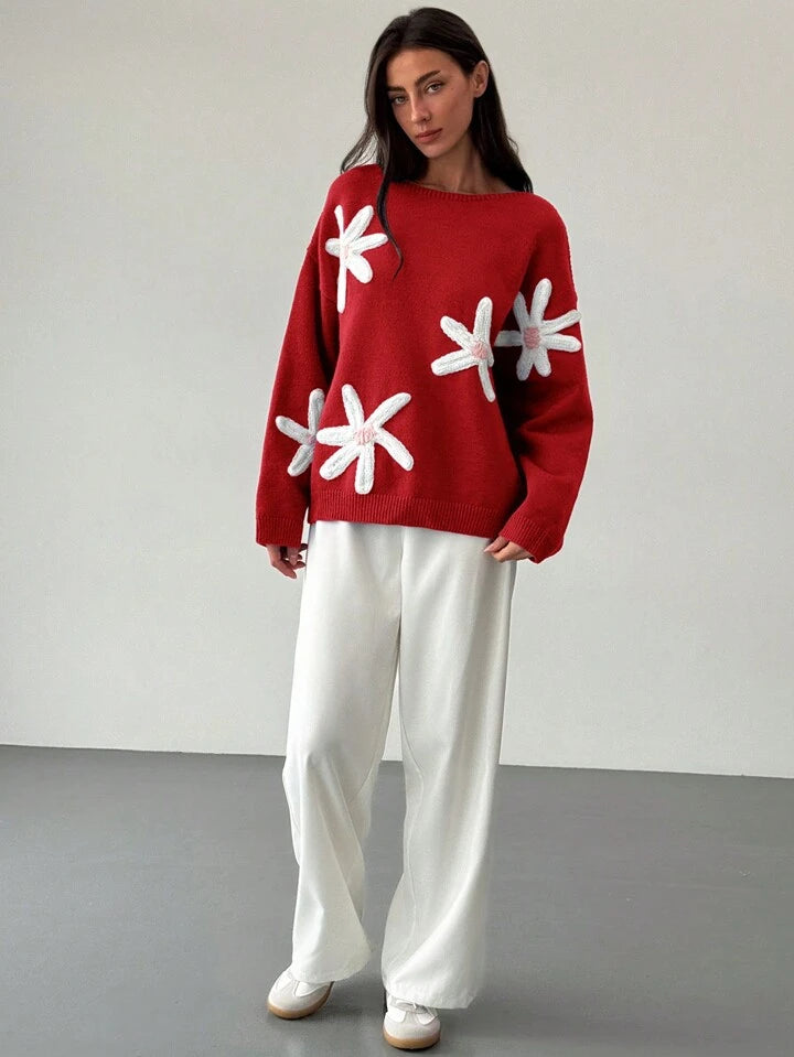 CM-CS900110 Women Casual Seoul Style 3D Floral Decoration Loose Fit Long Sleeve Sweater - Red