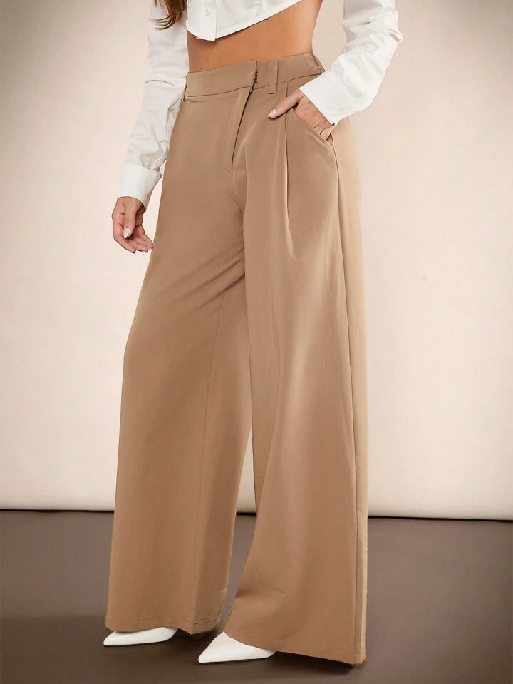 CM-BS199782 Women Elegant Seoul Style Solid Color Drop Waist Wide-Leg Long Pants - Khaki