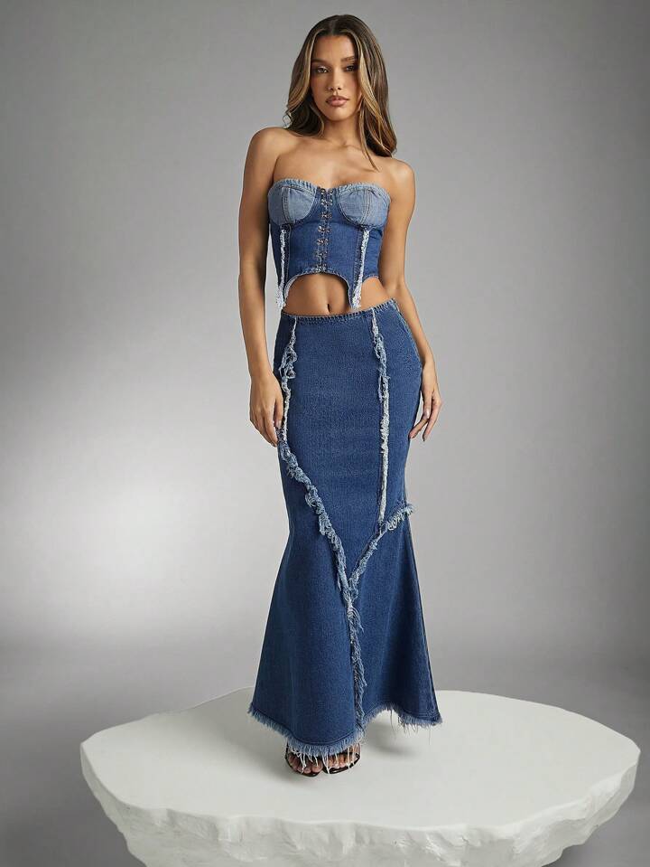 CM-BS199353 Women Casual Seoul Style Frayed Lace Detail Distressed Hem Denim Mermaid Skirt