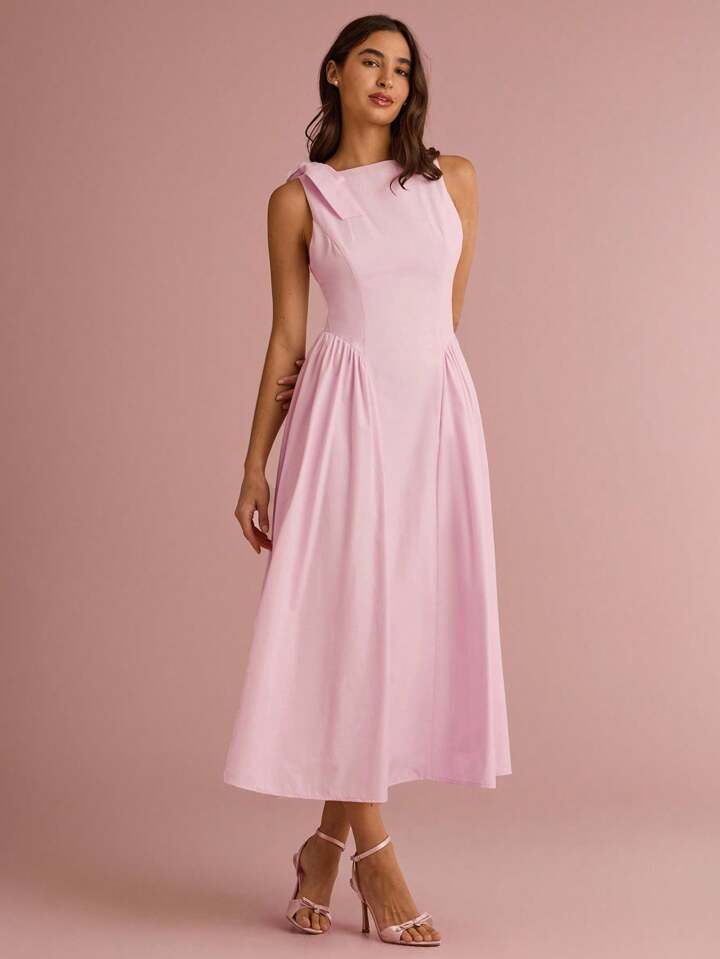 CM-DS311915 Women Elegant Seoul Style Bowknot Shoulder Sleeveless Pleated Long Dress - Pink