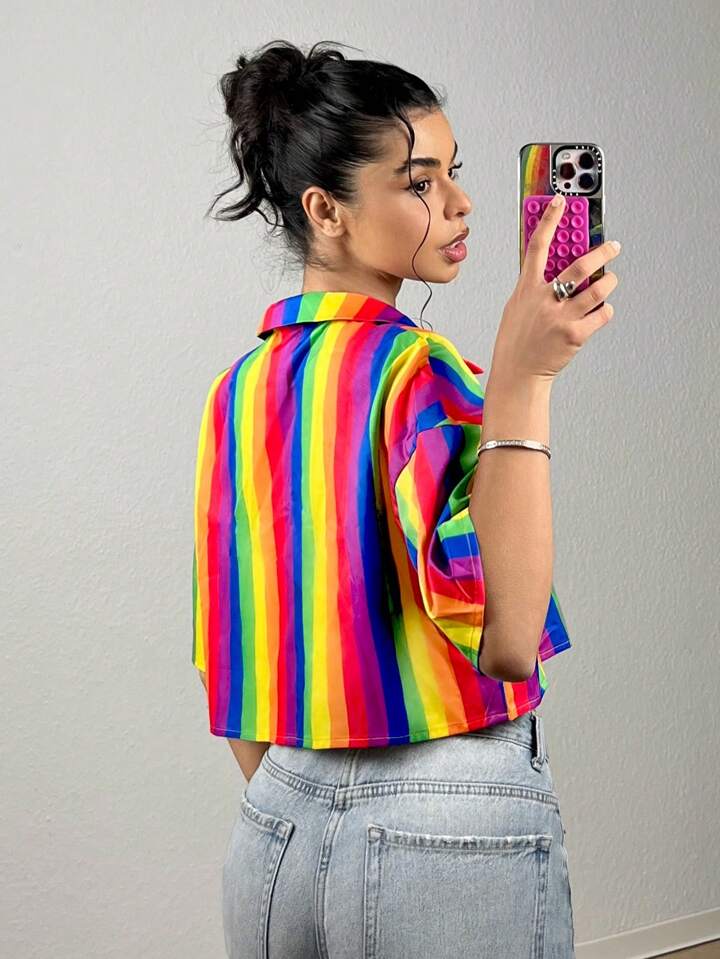 CM-TS108686 Women Casual Seoul Style Rainbow Striped Drop-Shoulder Short Sleeve Shirt