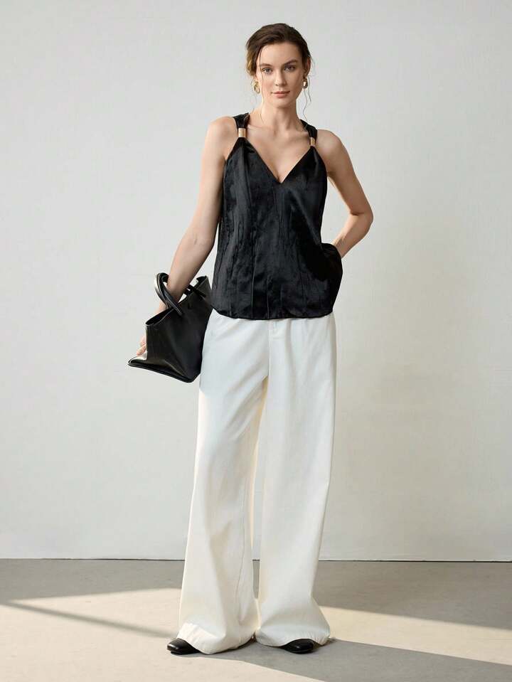 CM-TS147642 Women Casual Seoul Style Pleated V-Neck Sleeveless Vest Top - Black