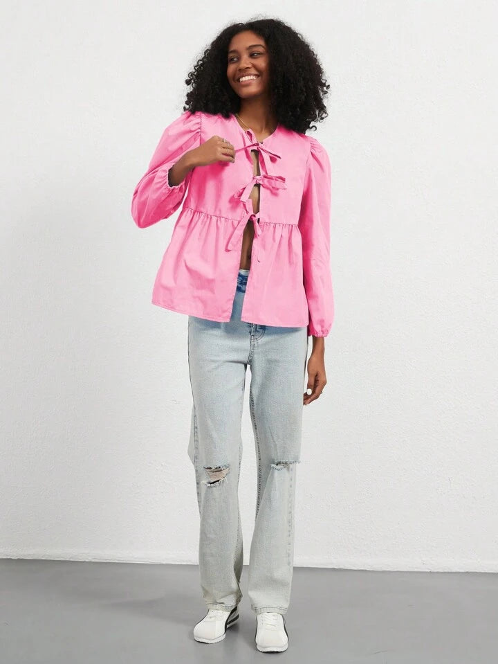 CM-TS042575 Women Casual Seoul Style Print Ruffle Hem Tie Long Sleeve Shirt - Hot Pink
