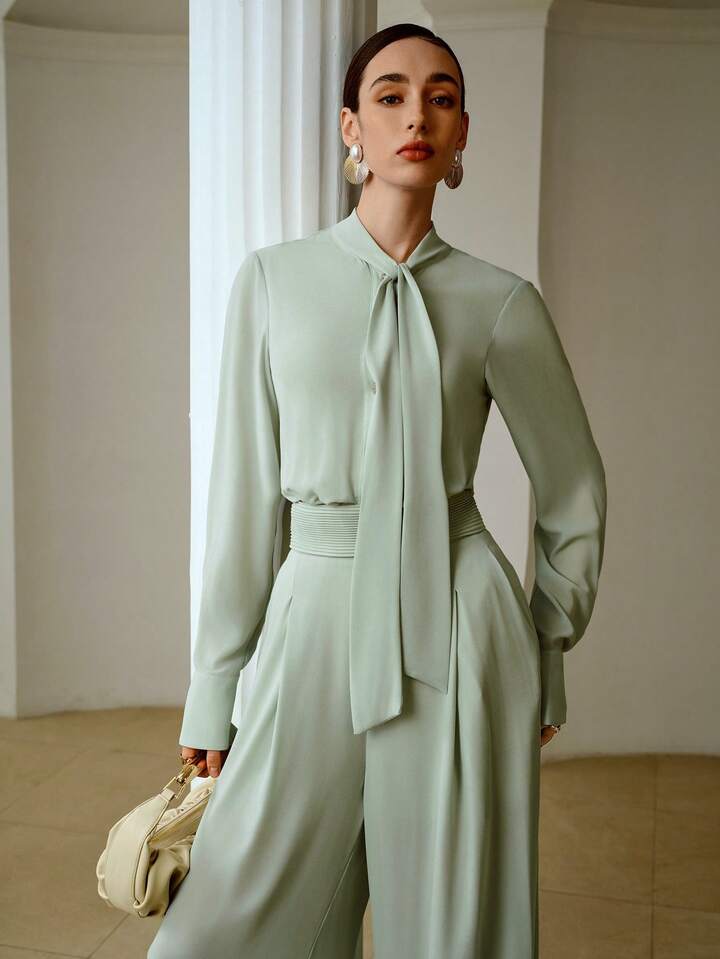 CM-JS504080 Women Elegant Seoul Style Ribbon Collar Rhinestone Buttons Chiffon Long Sleeve Jumpsuit - Mint Green