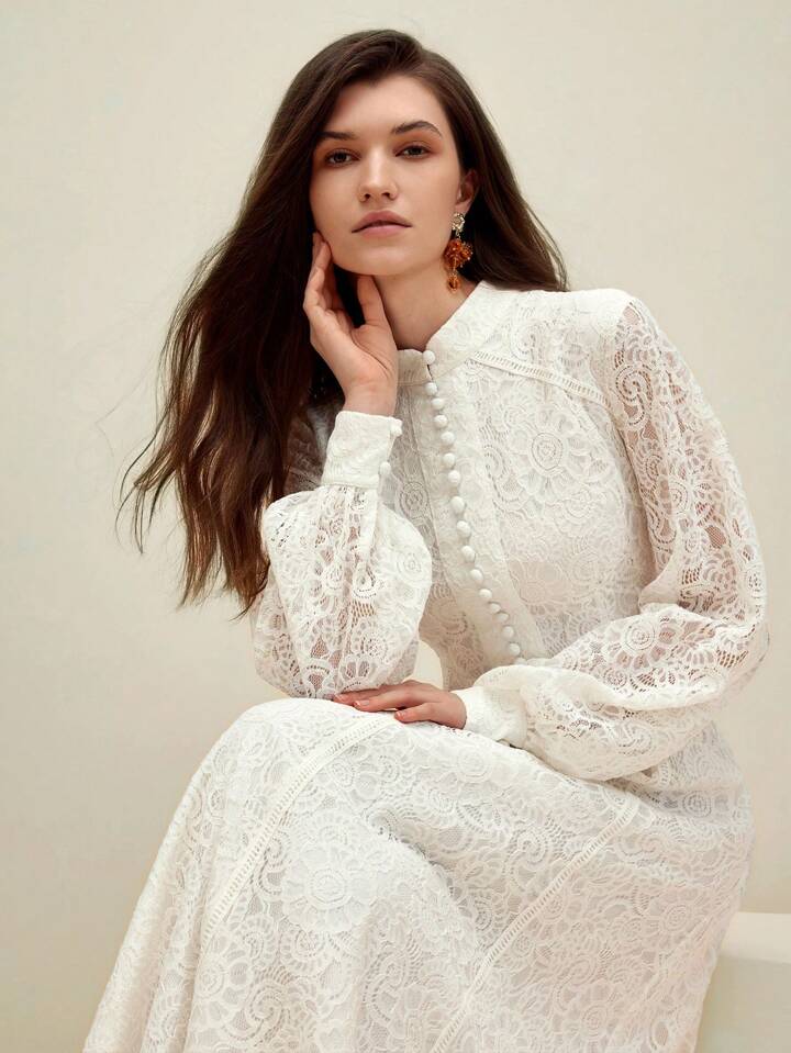 CM-DS287289 Women Elegant Seoul Style Lace Mandarin Collar Long Sleeve A-Line Dress - White