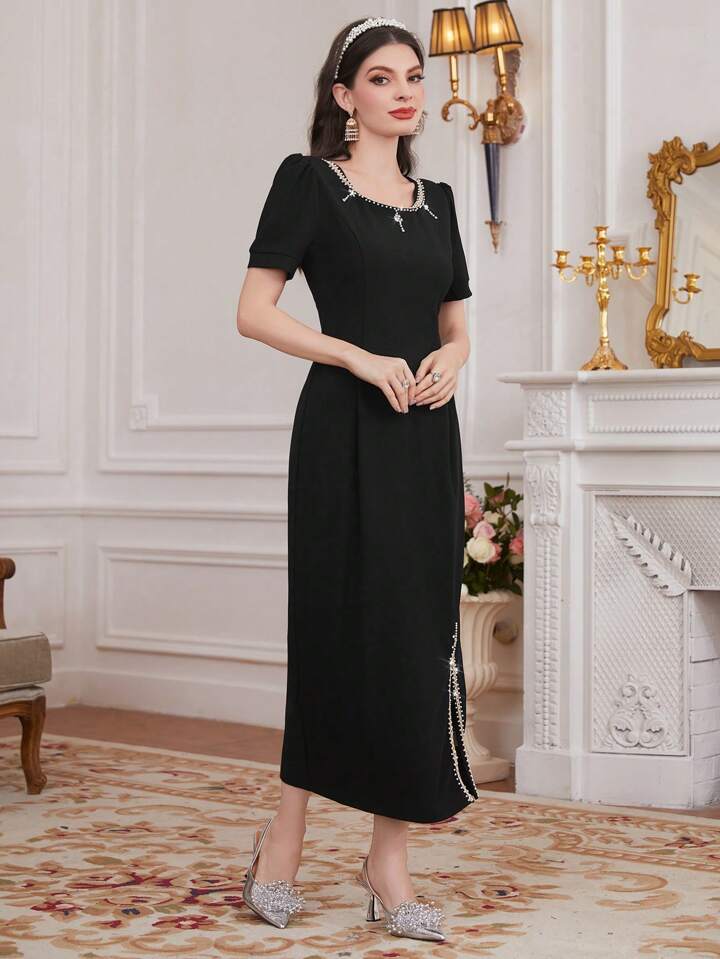 CM-DS428675 Women Elegant Seoul Style Short Puff Sleeve Slit Hem Dress - Black
