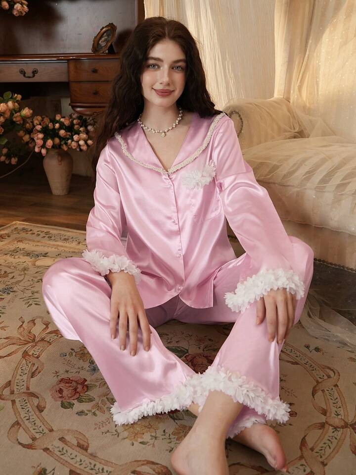 CM-LS755245 Women Trendy Seoul Style Lace Patchwork Long Sleeve Satin Pajama Set - Pink