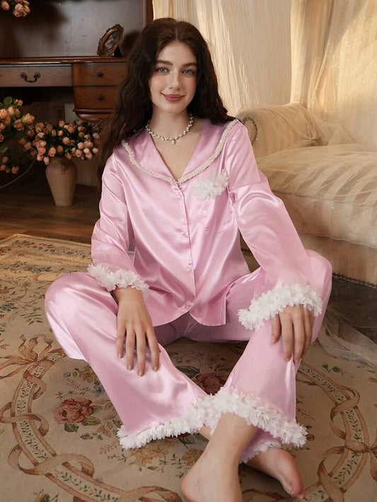 CM-LS755245 Women Trendy Seoul Style Lace Patchwork Long Sleeve Satin Pajama Set - Pink