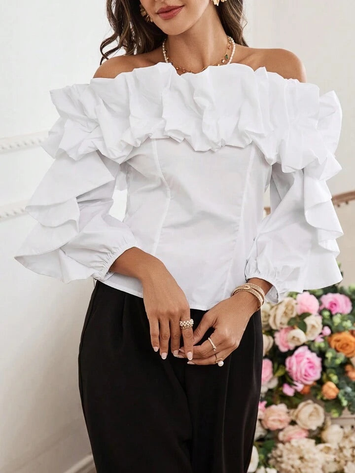 CM-TS435043 Women Elegant Seoul Style Off The Shoulder Exaggerated Ruffle Hem Shirt