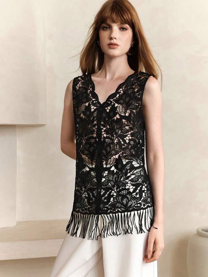 CM-TS197853 Women Elegant Seoul Style Lace Hollow Out V-Neck Splice Tassel Sleeveless Open Cover Up Top - Black