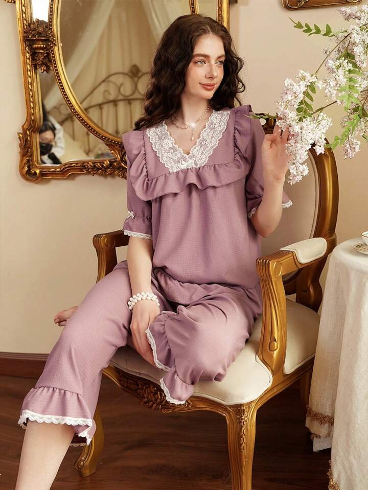 CM-LS629616 Women Trendy Seoul Style V-Neck Half Sleeve Lace Patchwork Pajama Set - Dusty Purple