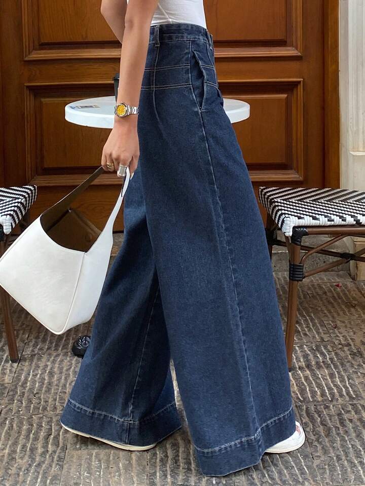 CM-BS285981 Women Casual Seoul Style Dark Wash Loose Wide Leg Denim Jeans