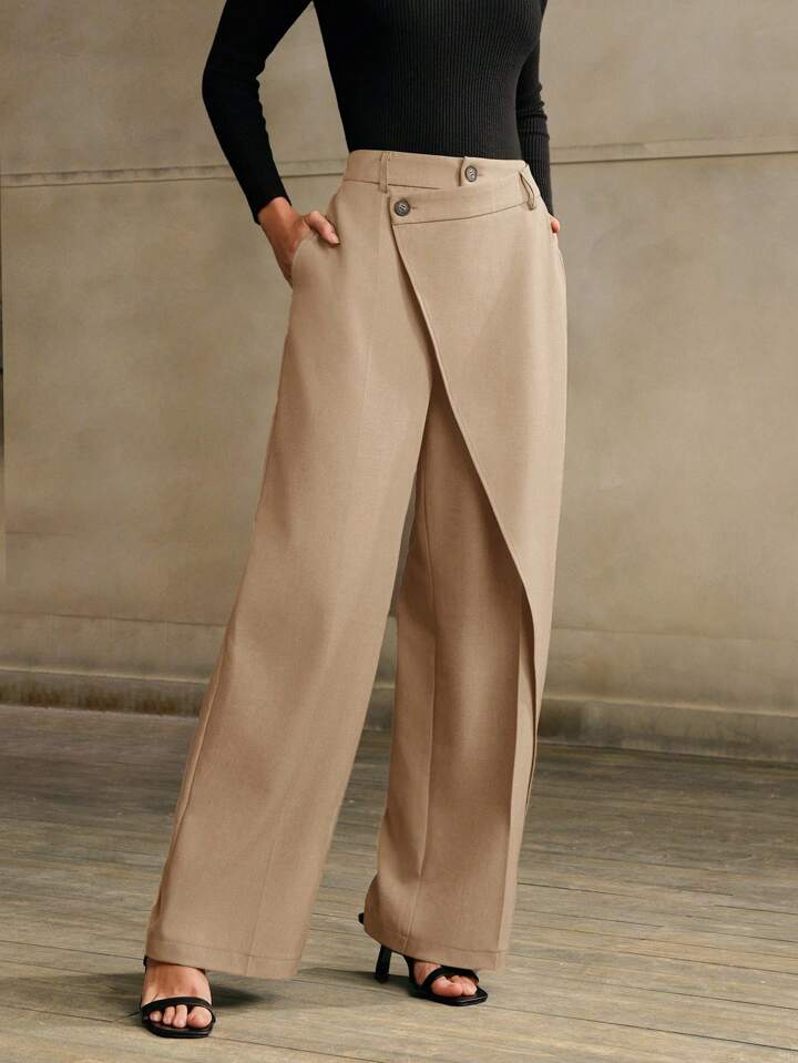 CM-BS366891 Women Elegant Seoul Style Asymmetrical Draping Cross-Wrap Pockets Straight-Leg Pants - Khaki