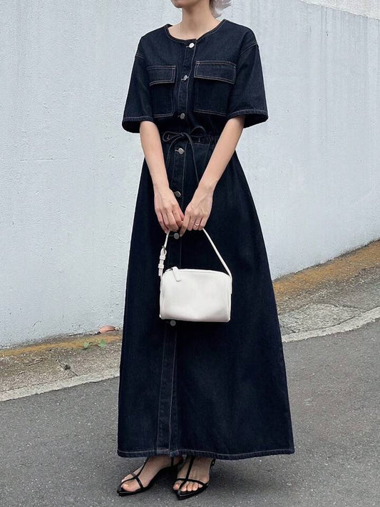 CM-DS667863 Women Casual Seoul Style Dark Wash Round Neck Short Sleeve Cinched Waist Pockets Decor Seam Denim Dress
