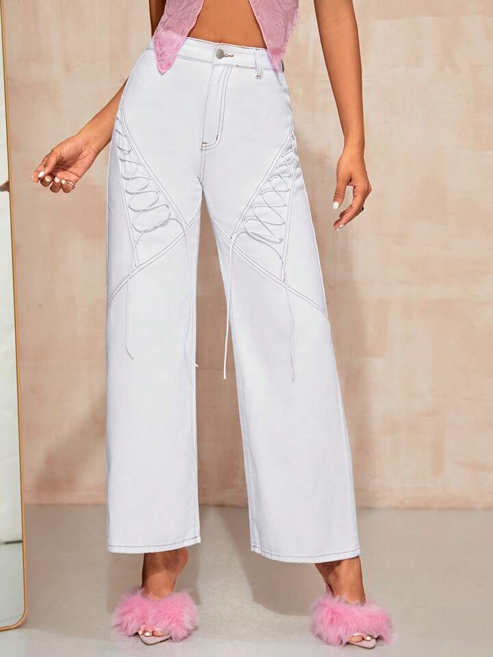 CM-BS494099 Women Casual Seoul Style Lace Up Front Loose Wide Leg Jeans - White
