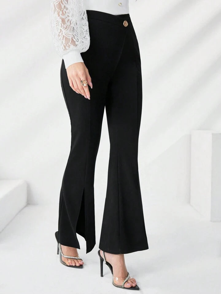 CM-BS761237 Women Casual Seoul Style High Waist Split Hem Flare Leg Pants - Black