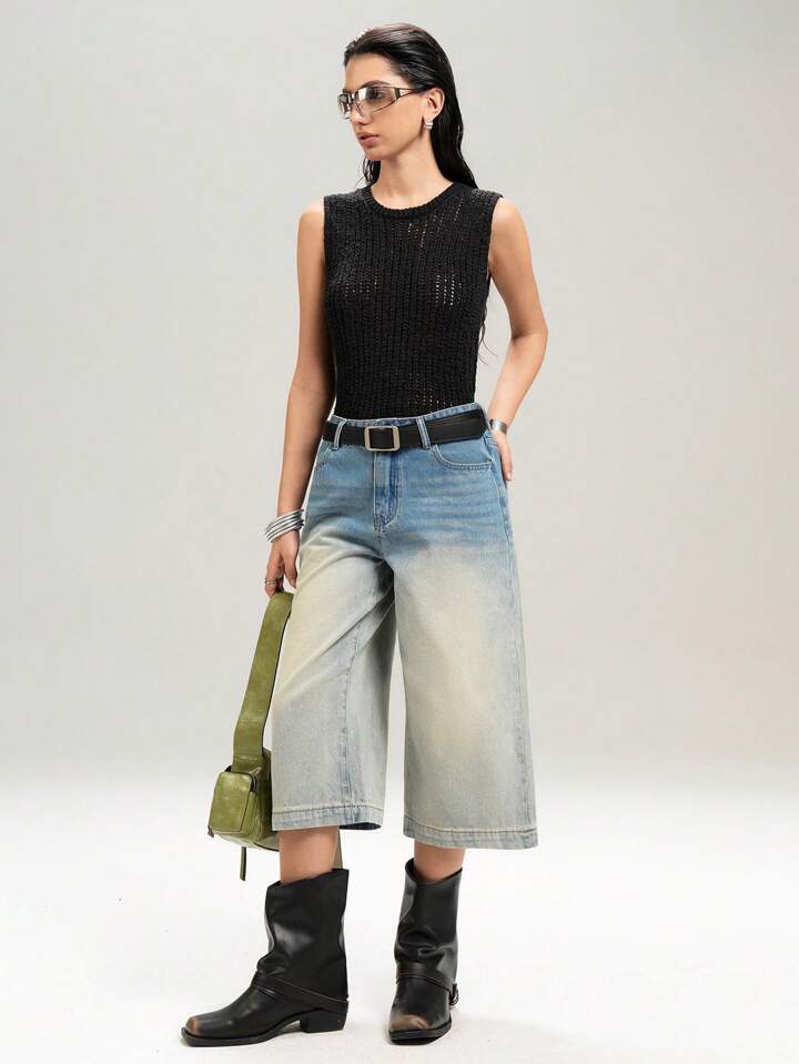 CM-BS655311 Women Casual Seoul Style Pocketed Wide Leg Loose 7/8 Length Denim Jeans