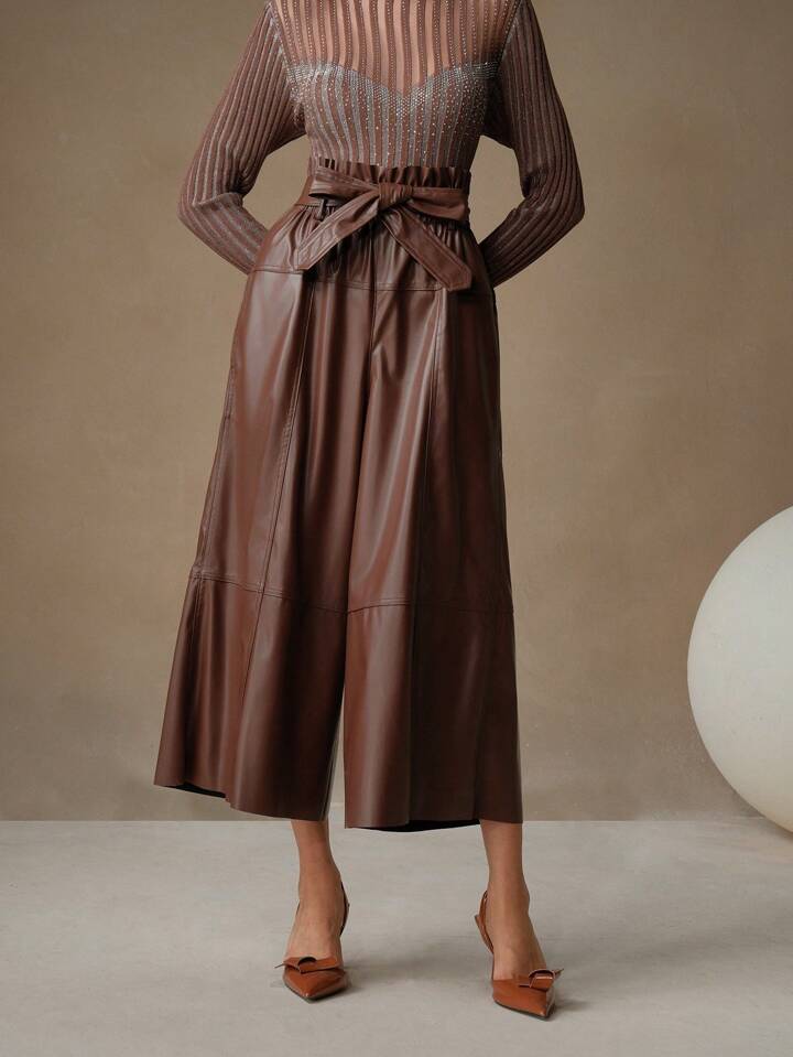 CM-BS730999 Women Elegant Seoul Style High Waist Faux Leather Wide Leg Pants - Chocolate Brown