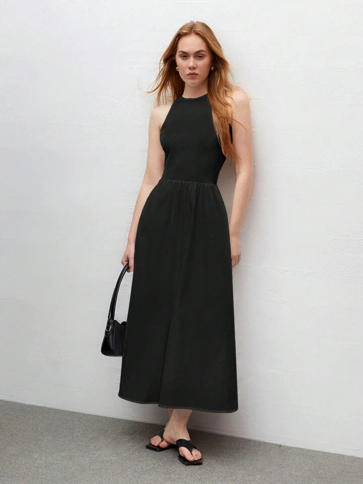 CM-DS644099 Women Trendy Bohemian Style Round Neck Sleeveless High Waist Slim Fit Dress - Black
