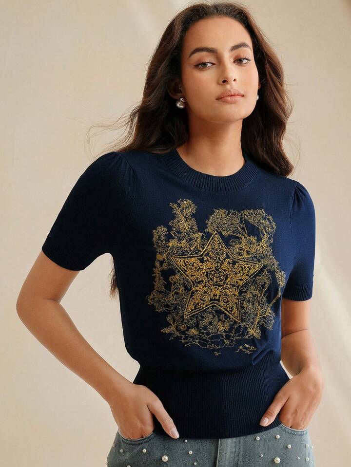 CM-TS520731 Women Casual Seoul Style Stand Collar Short Sleeve Floral Star Embroidered Knitted Shirt Tee - Royal Blue