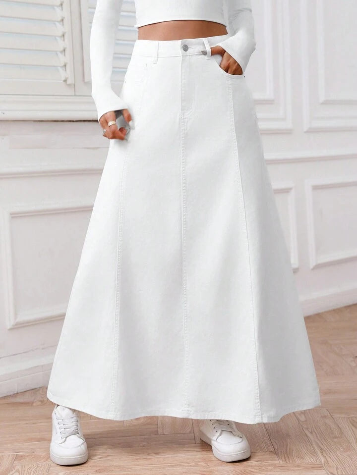 CM-BS098690 Women Casual Seoul Style Solid Color Front Button Pocket Denim Midi Skirt - White