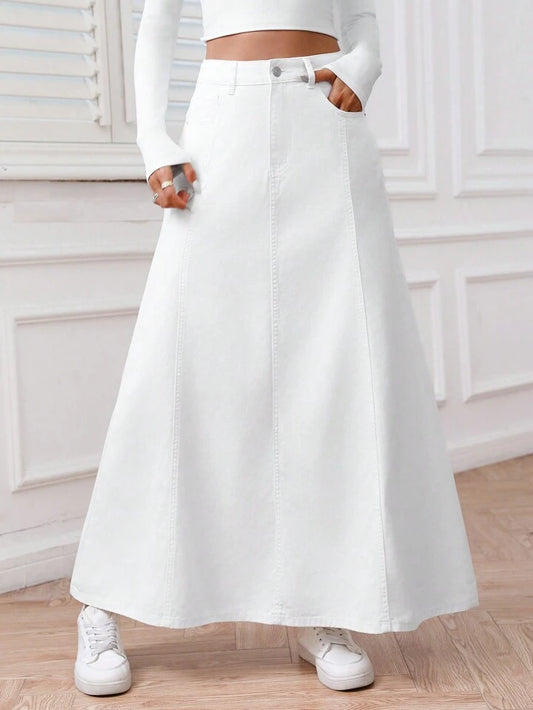 CM-BS098690 Women Casual Seoul Style Solid Color Front Button Pocket Denim Midi Skirt - White