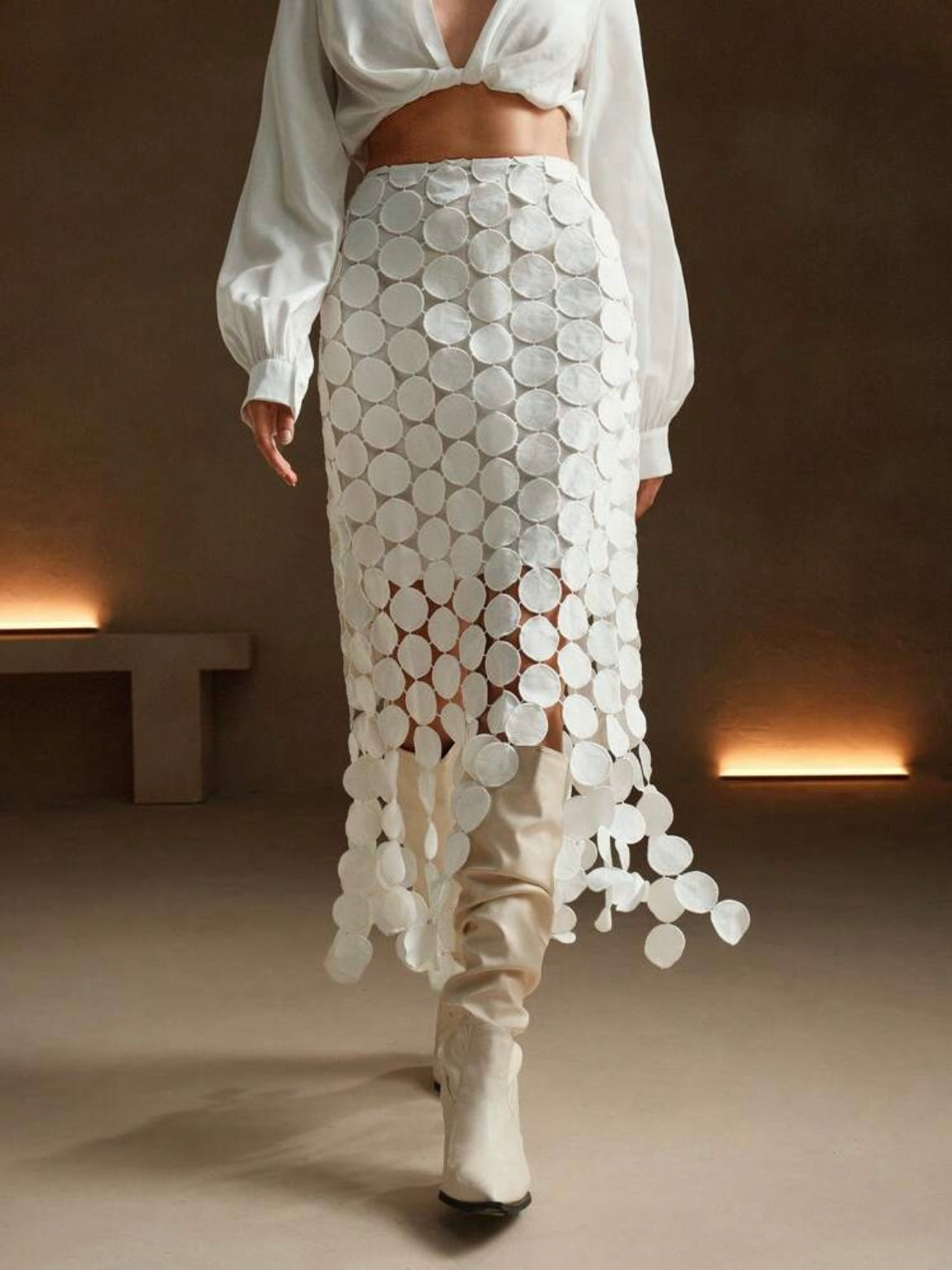 CM-BS296869 Women Trendy Bohemian Style Laser Cut Multi Circle Double Layered Maxi Skirt - White